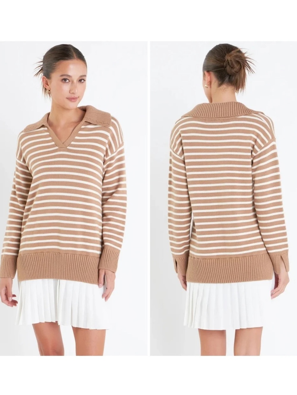 English factory striped V-Neck Pullover Sweater dress in Camel and Cream
